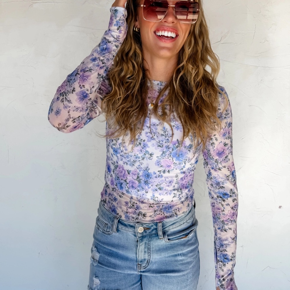 BS3- Elegant Floral Long Sleeve Sheer Mesh Top for layering